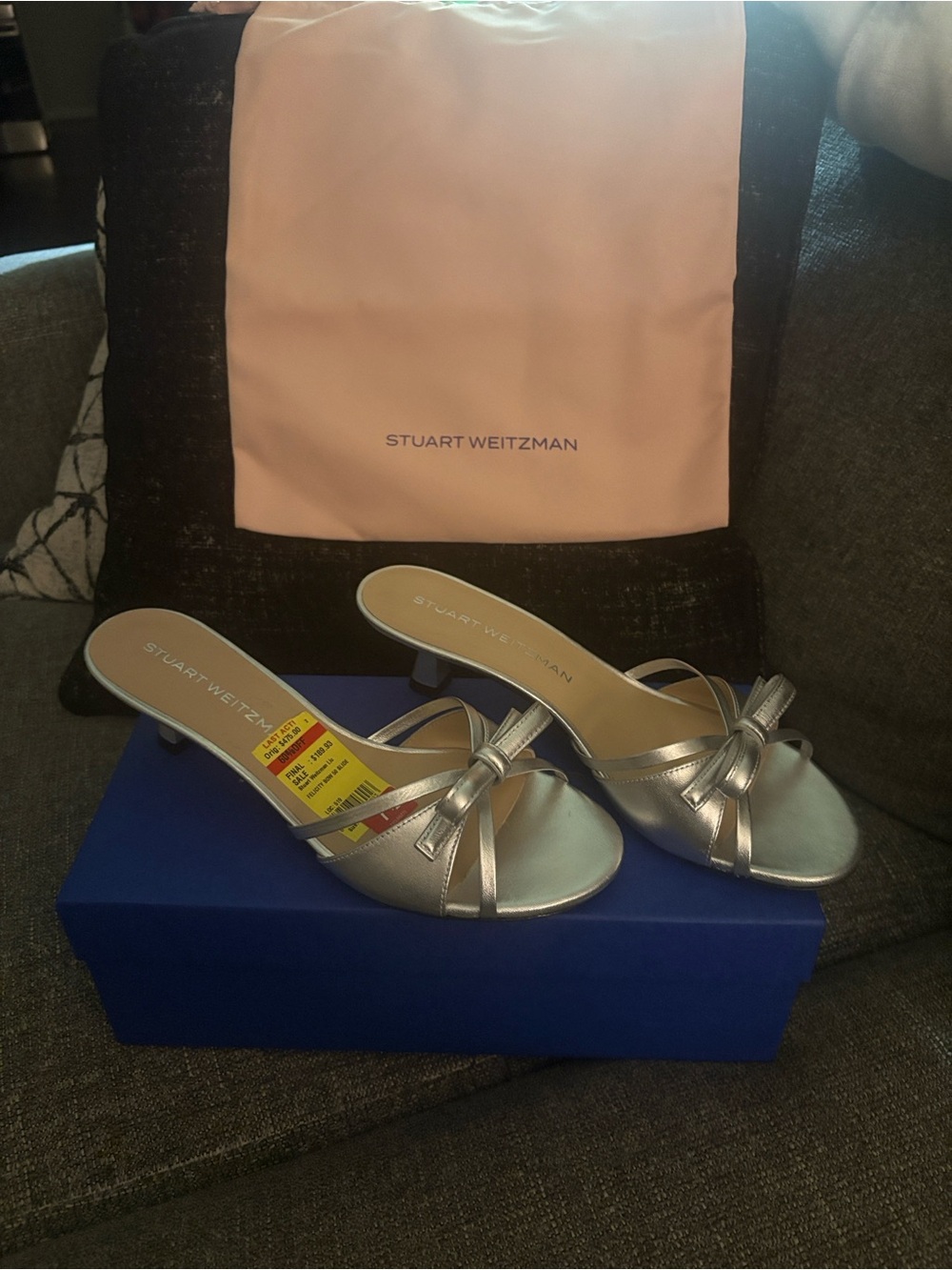 Stuart Weitzman Silver Bow Kitten-Heel Mules
